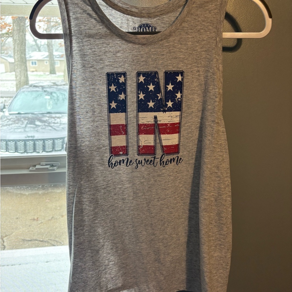 Gray Tank Top with American Flag 'Home Sweet Home' Graphic
